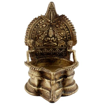 Goddess Lakshmi Engraved Brass Temple Kamakshi Oil Lamp Diya